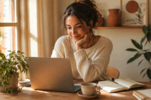 Woman working at a laptop in a home office, representing a career change from corporate work to freelancing and entrepreneurship